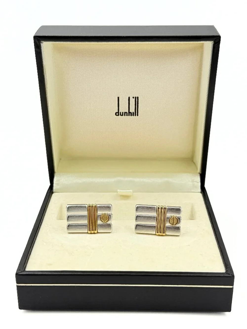 Dunhill Signed Paris Rectangular Two Tone Brushed Ribbed Tuxedo Cufflinks
